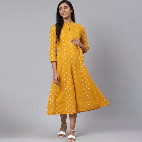 http://13.204.215.80/products/women-mustard-yellow-off-white-printed-pure-cotton-maternity-a-line-dress